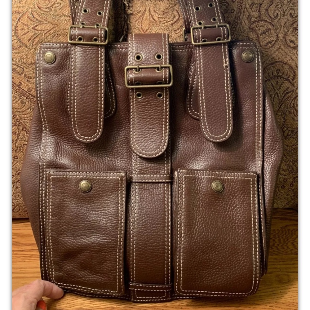 Cynthia Rowley Women's Magnet Closure Tote Handbag Leather Brown Front Pockets